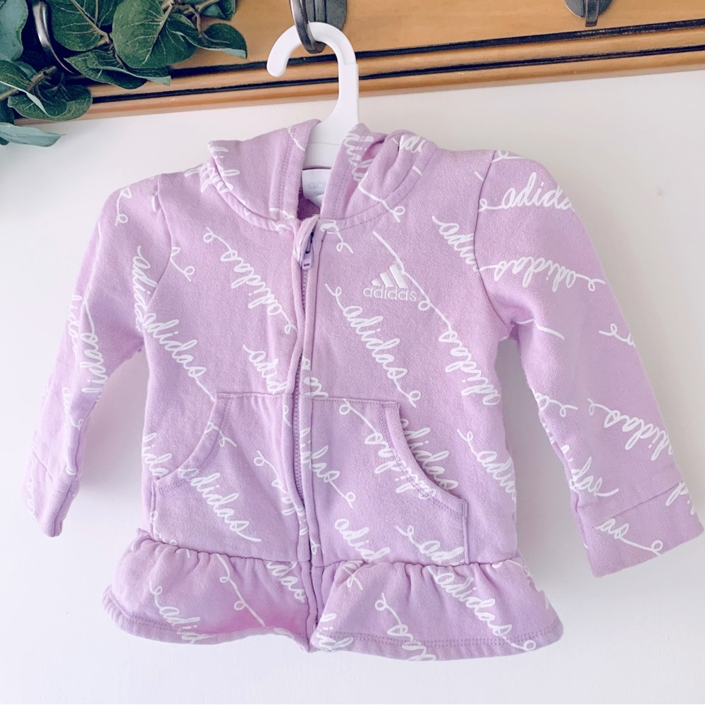 Adidas Baby Girls Lilac Purple Ruffle Hem Fleece Lined Zip Up Hoodie Jacket, 12M
